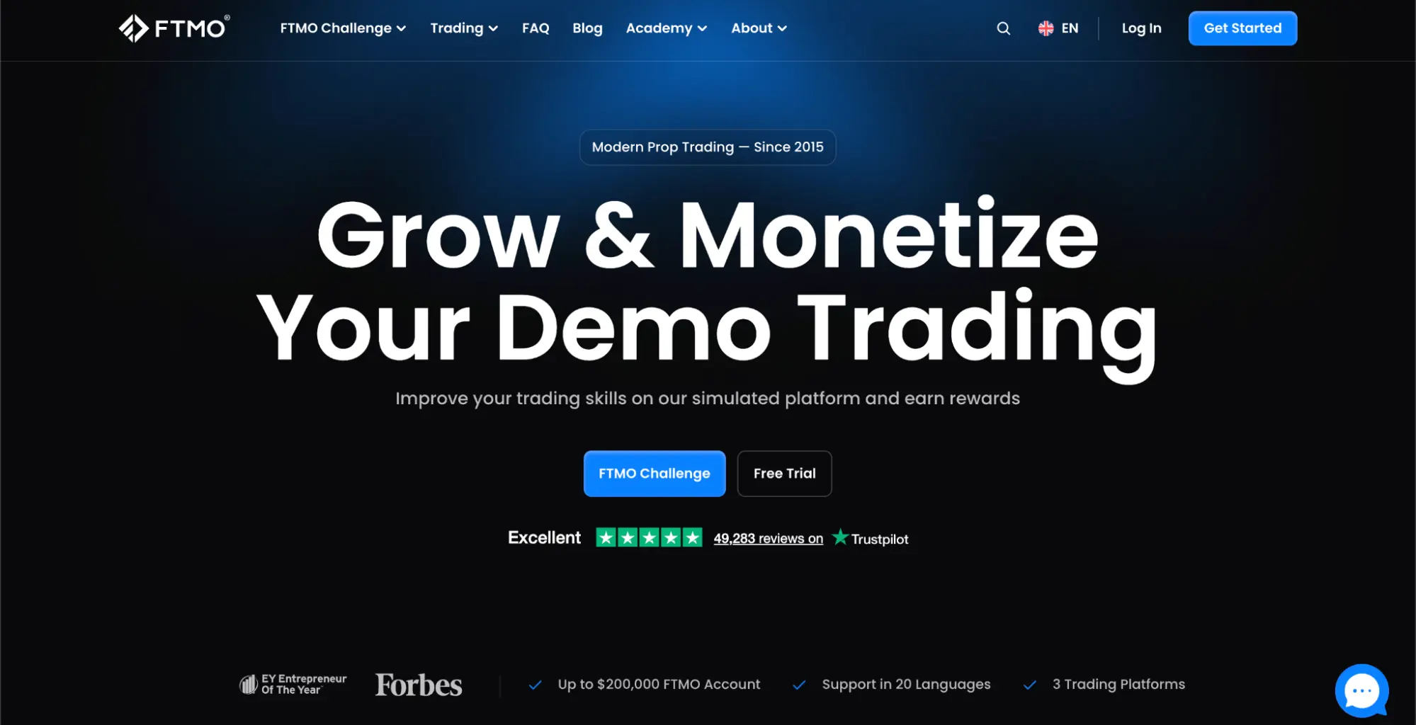 FTMO’s homepage with the hero “Grow & Monetize Your Demo Trading”