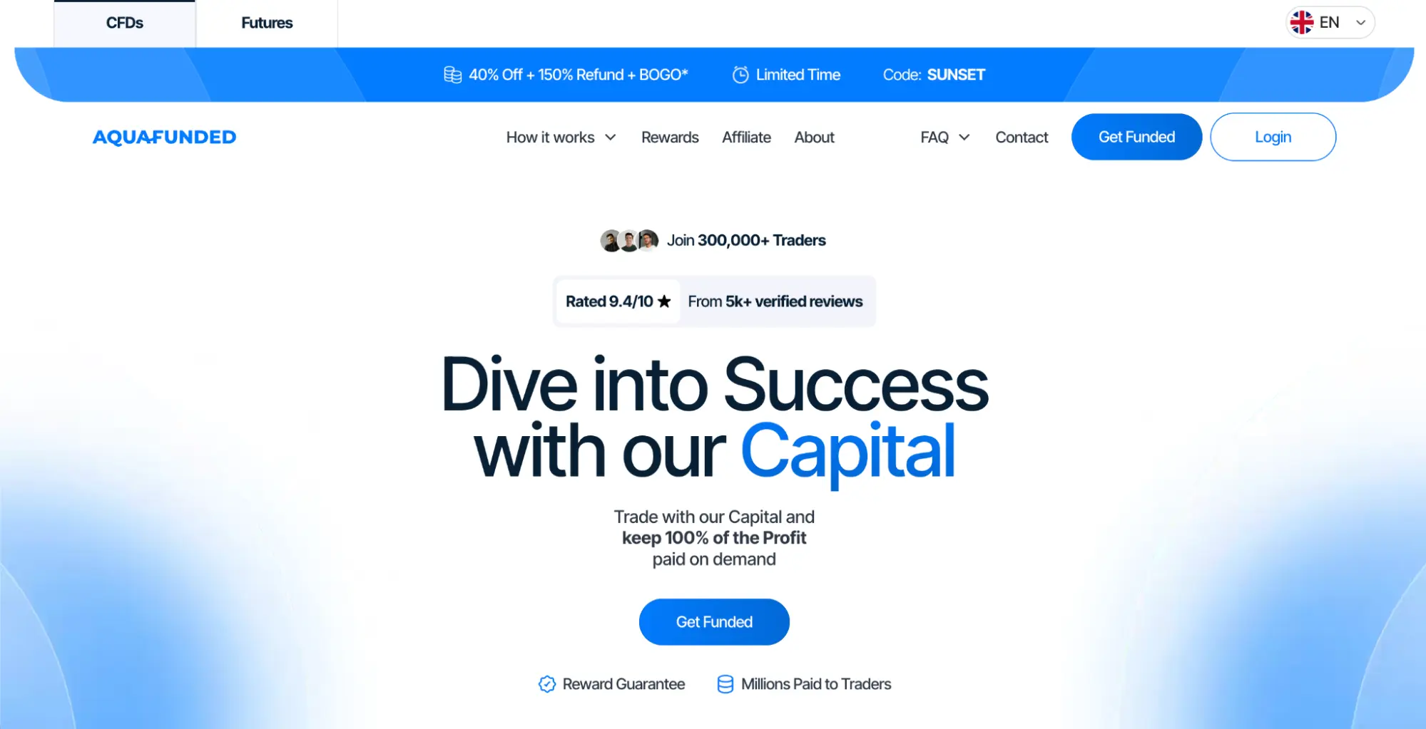 AquaFunded’s homepage with the hero “Dive into success with our capital”.