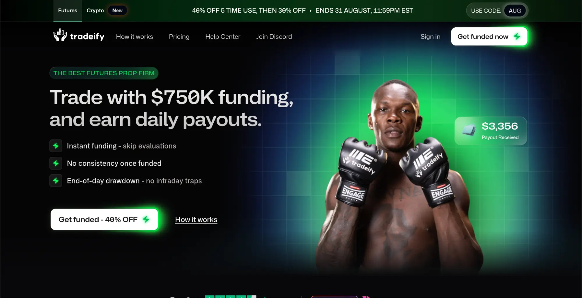 Tradeify’s homepage with the hero “Trade with $750k funding, and earn daily payouts.”