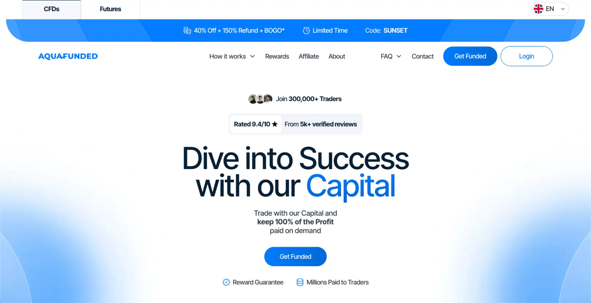 AquaFunded’s homepage with the hero “Dive into Success with our Capital”.