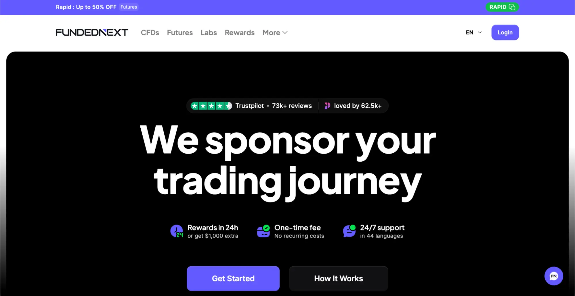 FundedNext’s homepage with the hero “We sponsor your trading journey”.