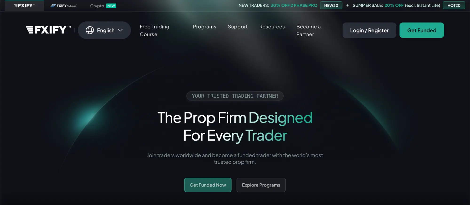 Fxify’s homepage with the hero “The prop firm designed for every trader”.