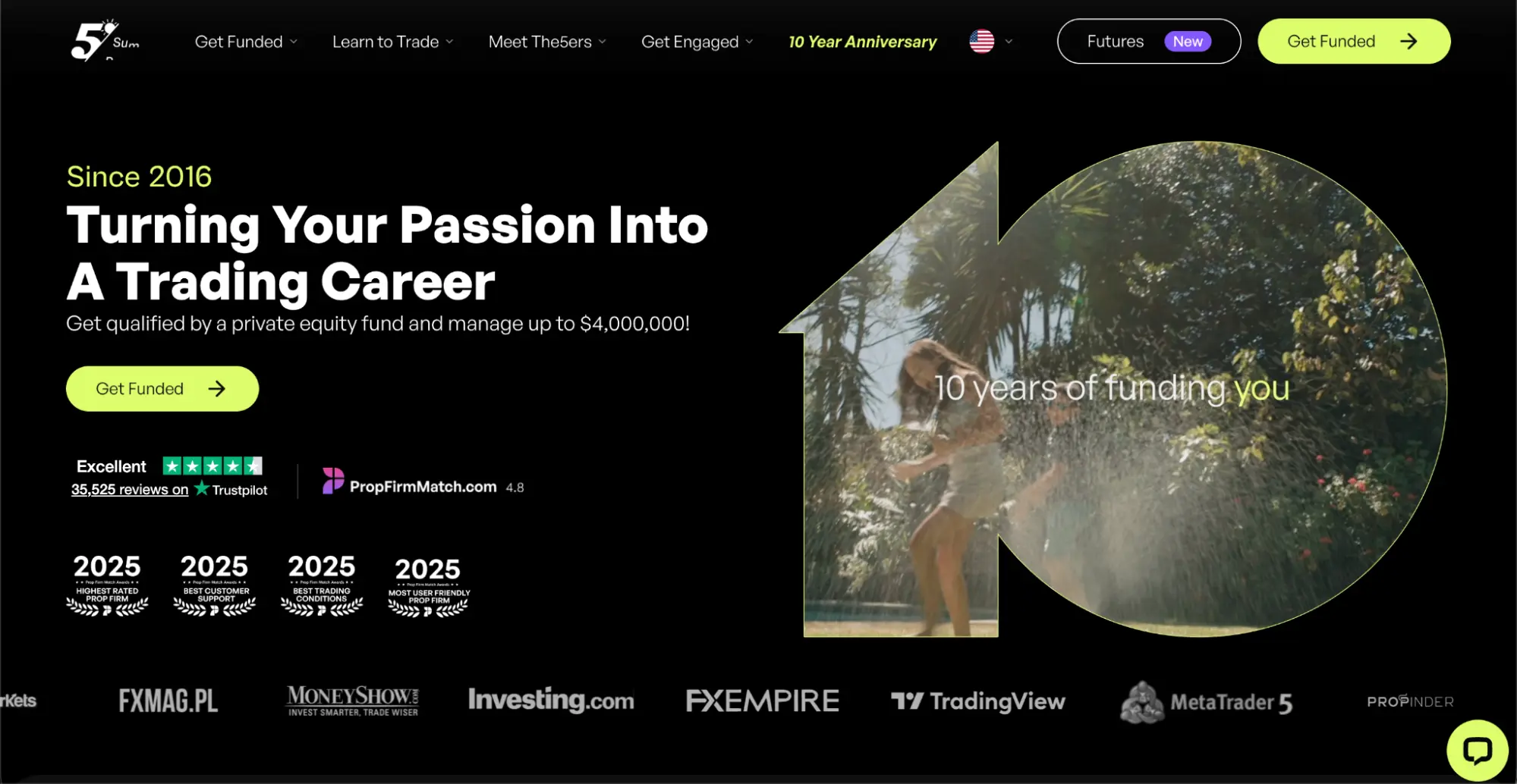 The5ers’ homepage with the hero “Turning your passion into a trading career”, celebrating the platform’s 10-year anniversary with the phrase “10 years of funding you” to the right.