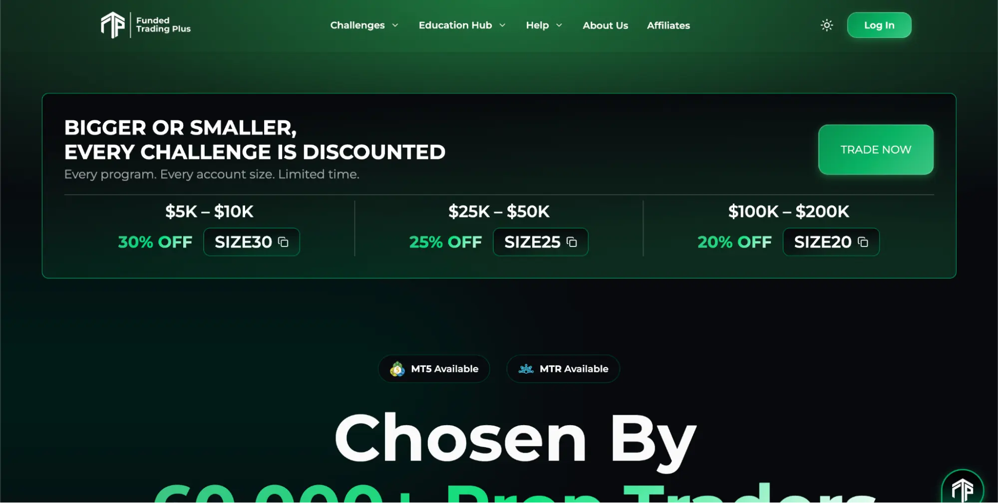 Funded Trading Plus’ homepage with the hero “Bigger or smaller, every challenge is discounted”.