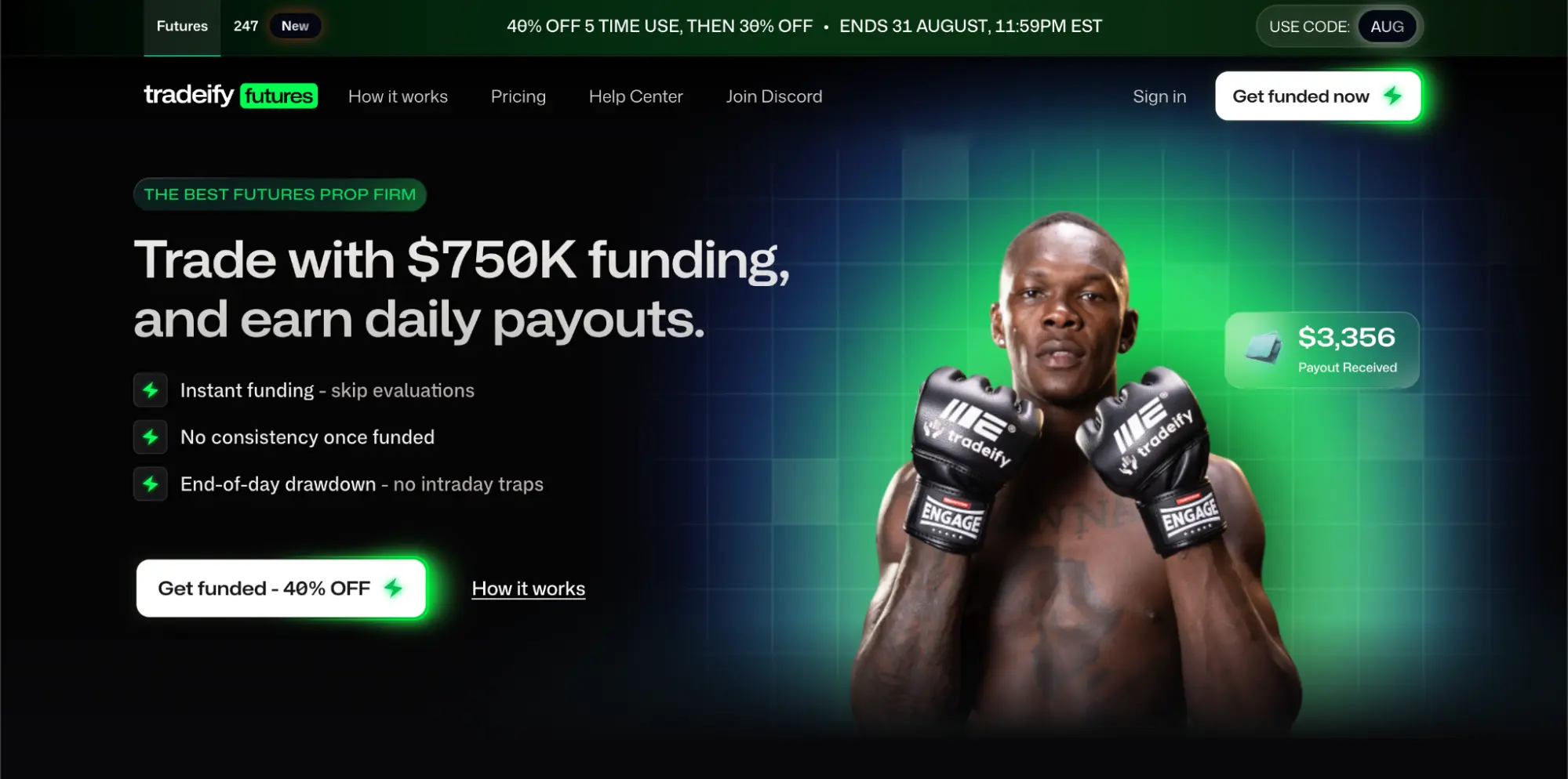 Tradeify homepage with the hero “Trade with $750k funding, and earn daily payouts.”