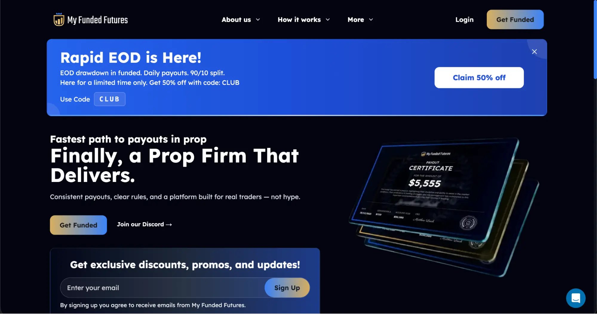 My Funded Futures’ homepage with the hero “Fastest path to payouts in prop”.