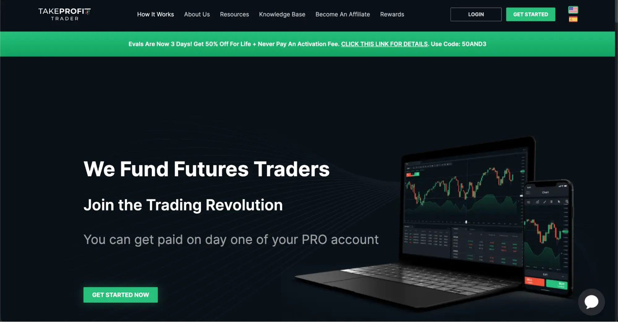 Take Profit Trader’s homepage with the hero “We Fund Futures Traders”.