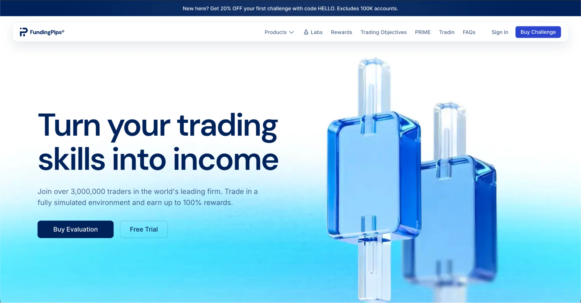 FundingPips’ homepage with the hero: “Turn your trading skills into income”.