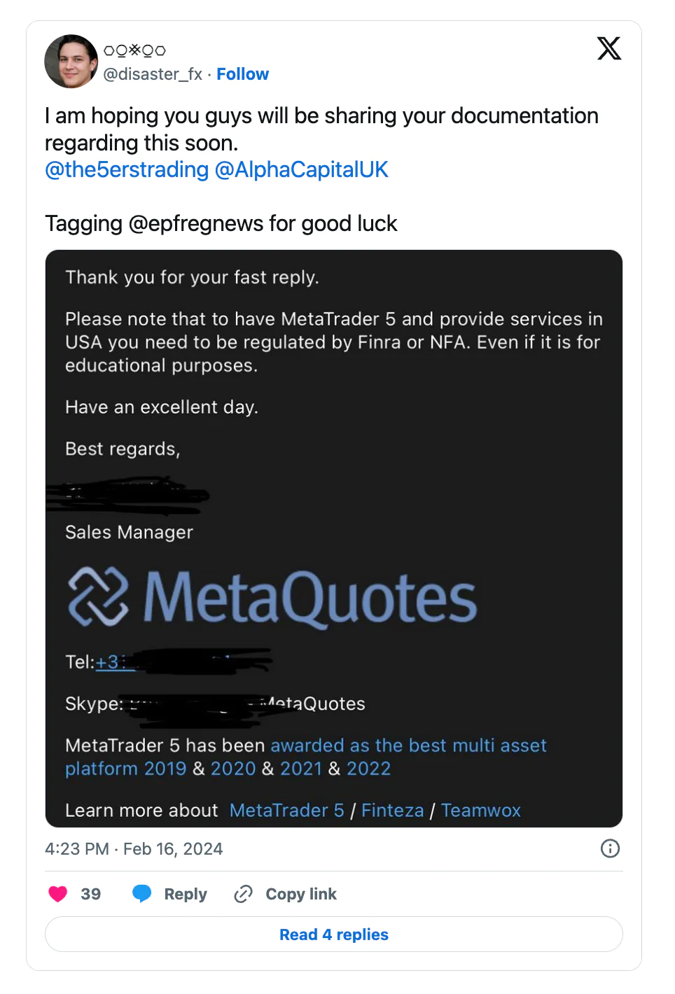 Tweet from @disaster_fx with the content being an email from MetaQuotes messaging that MetaTrader 5 and provide services in the USA, they need to be regulated by FINRA or NFA.