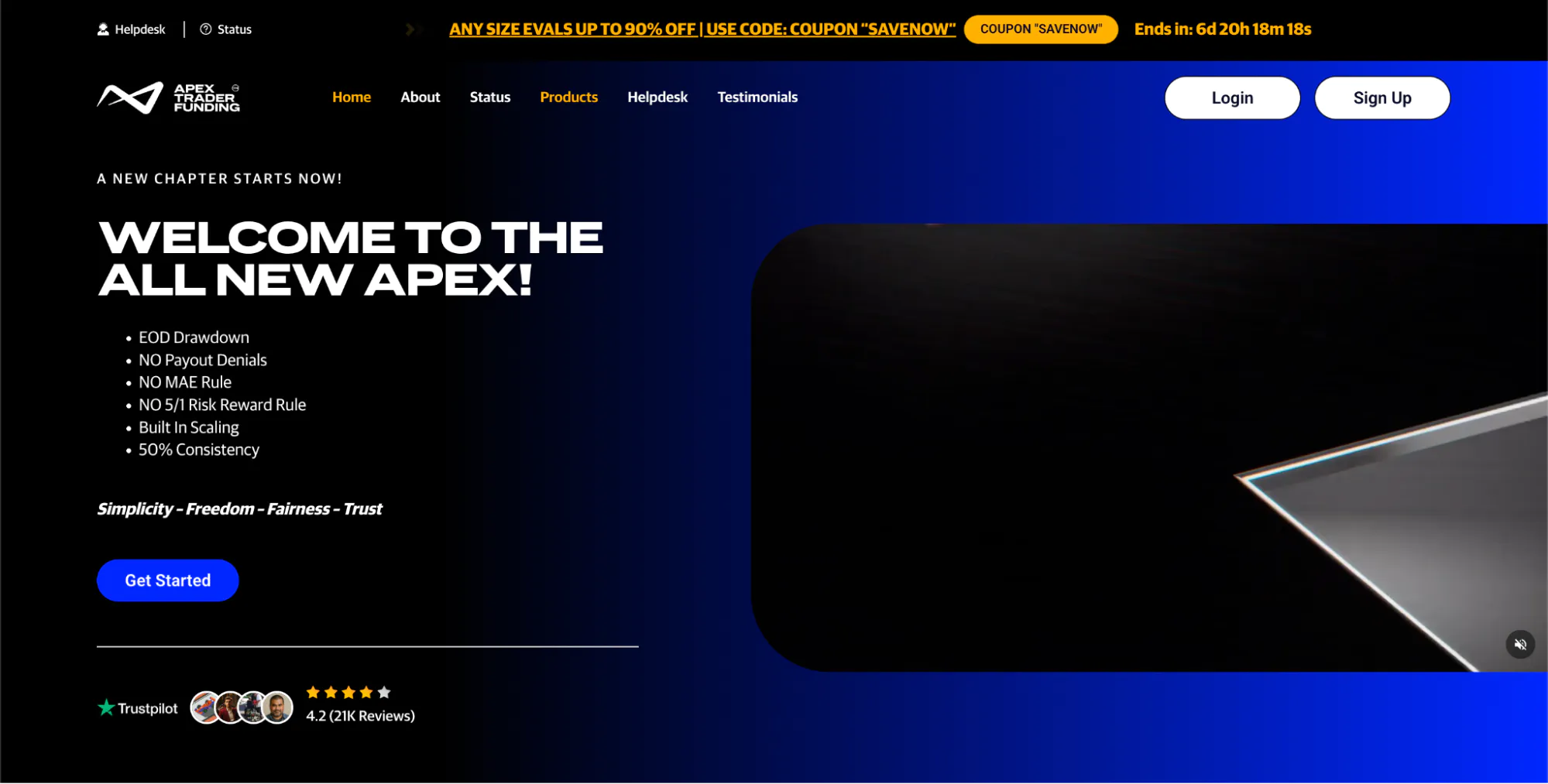 Apex Trader Funding’s homepage with the hero: “Welcome to the all new Apex!”