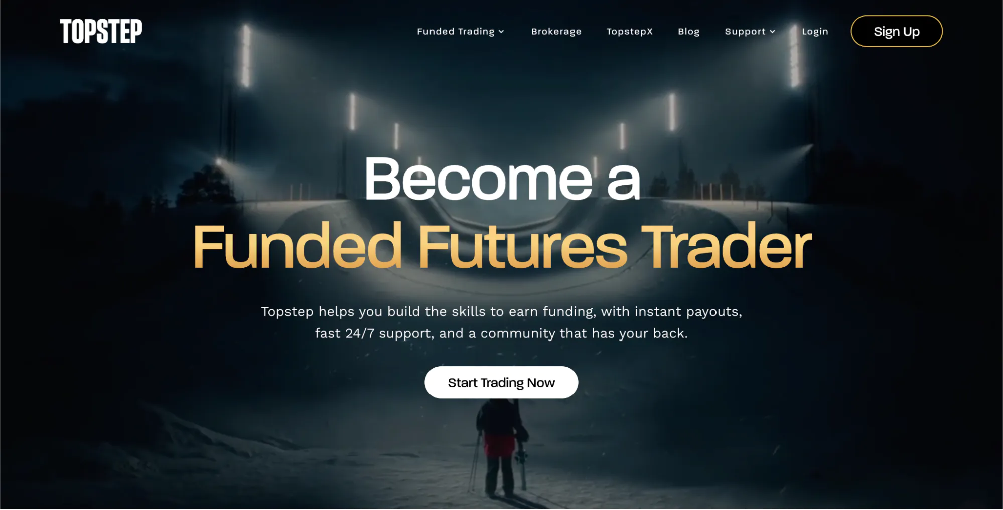Topstep’s homepage with the hero: “Become a funded futures trader”.