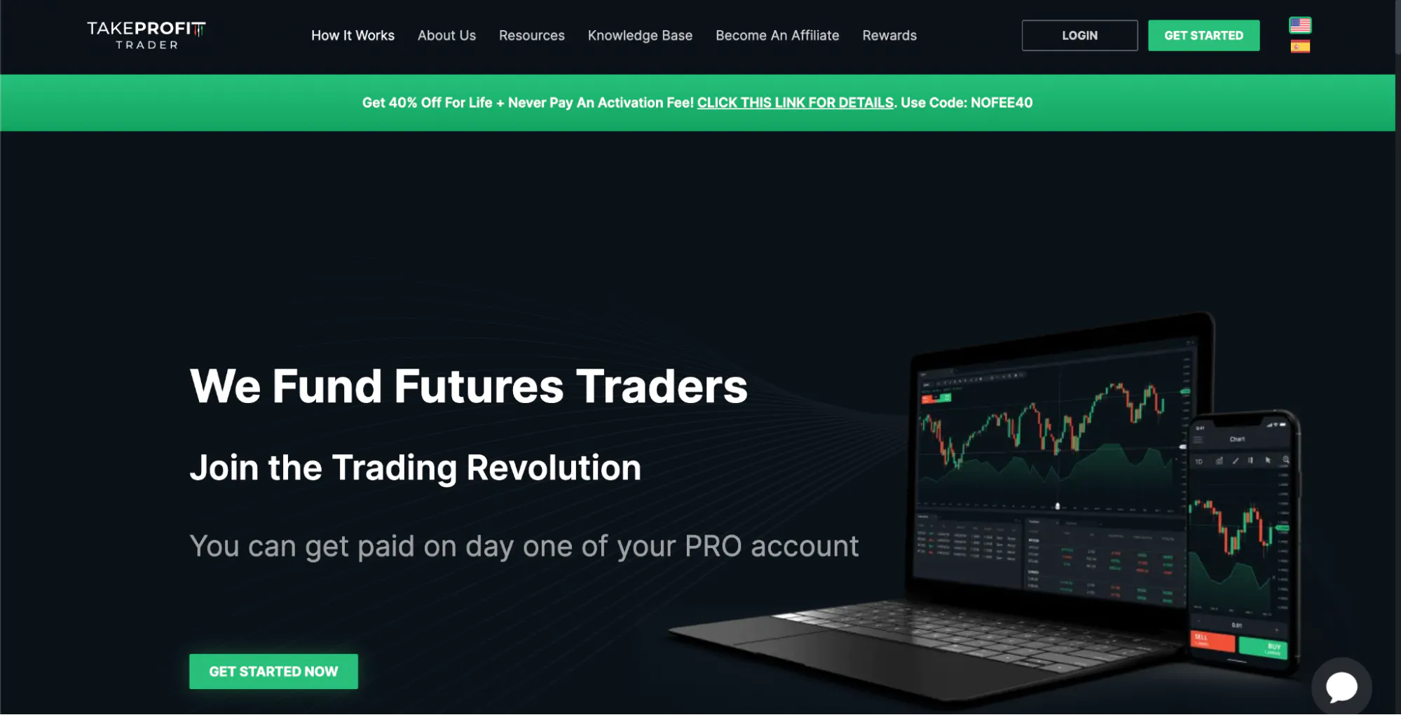 Take Profit Trader’s homepage with the hero: “We fund futures traders”.