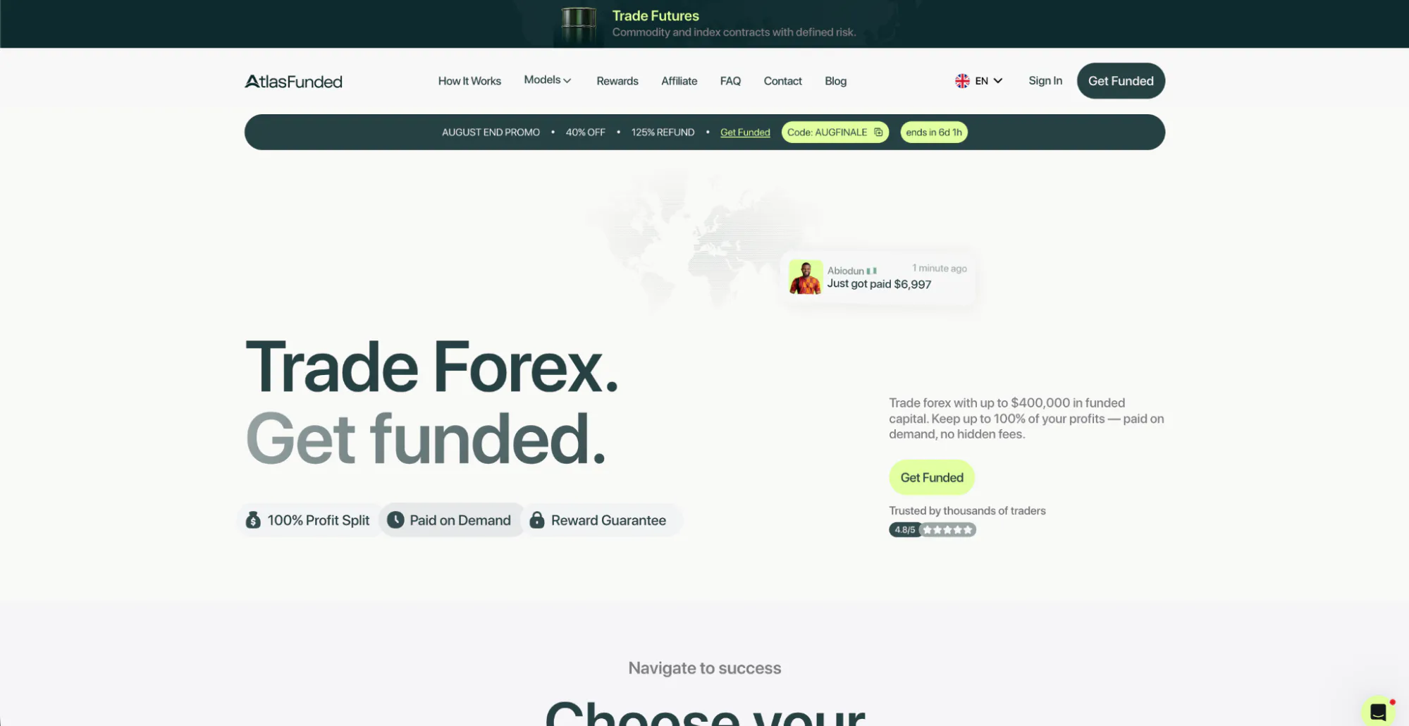 Atlas Funded’s Forex trading homepage with the hero: “Trade Forex. Get funded.”