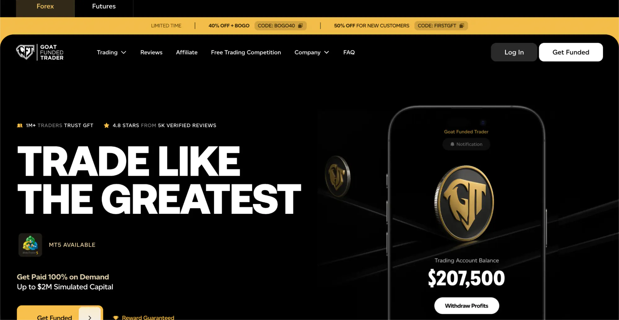 Goat Funded Trader’s homepage with the hero: “Trade like the greatest”.
