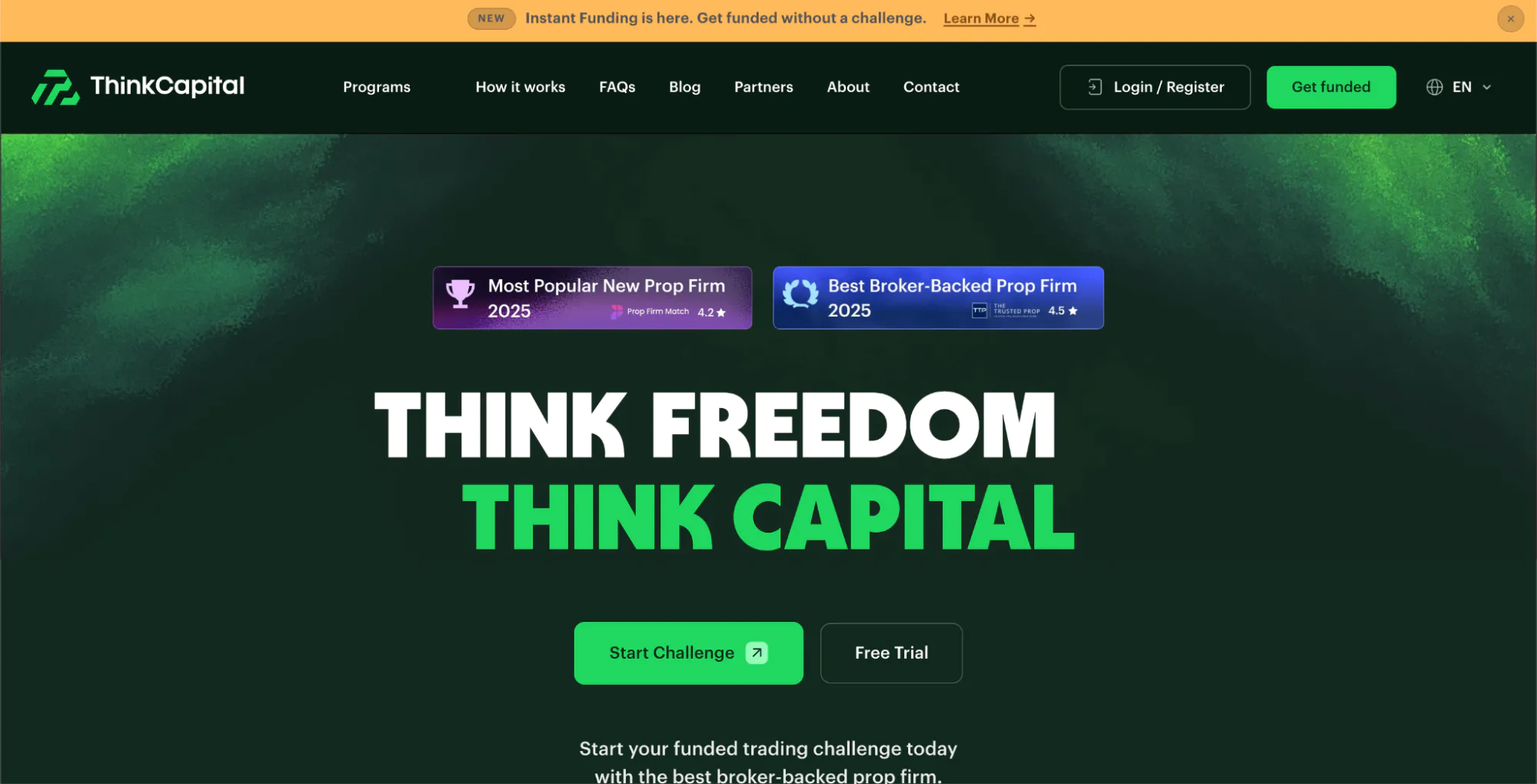 ThinkCapital’s homepage with the hero: “Think freedom – Think capital”.