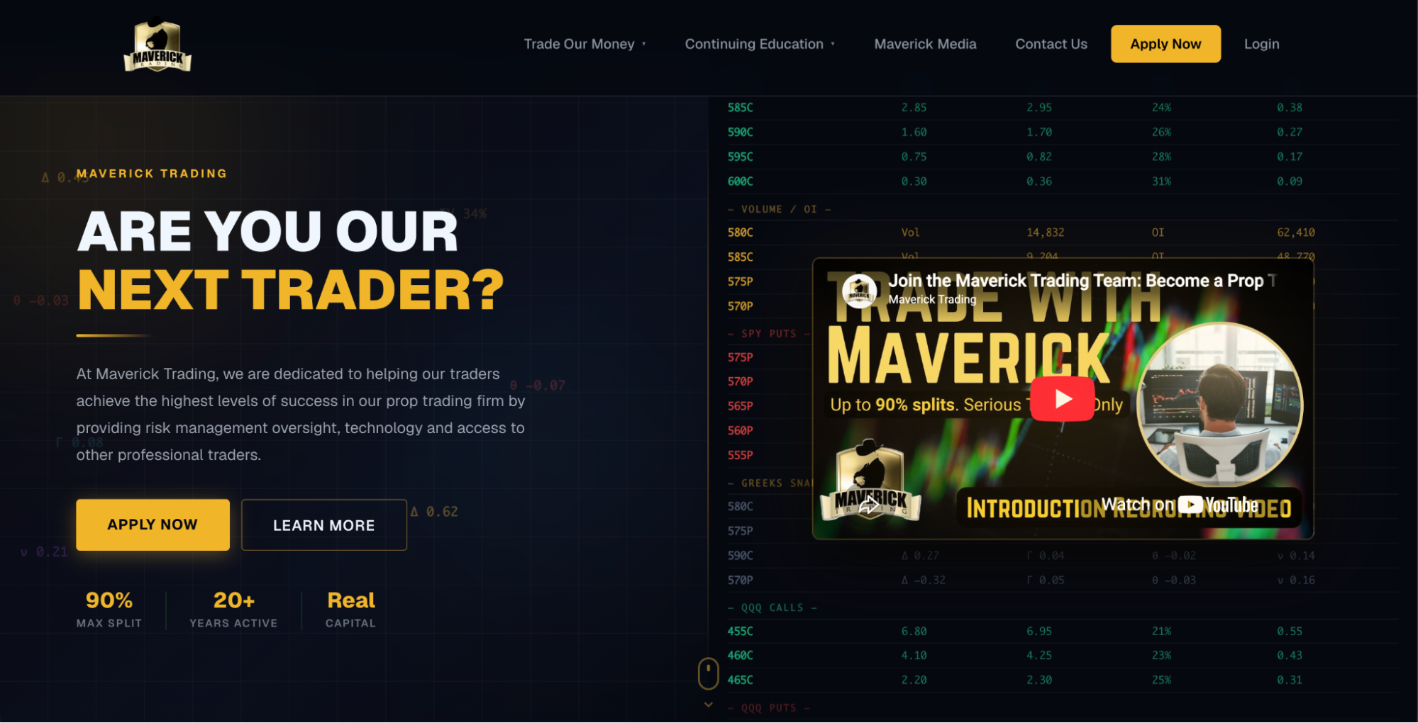 Maverick Trading’s homepage with the hero: “Are your our next trader?”