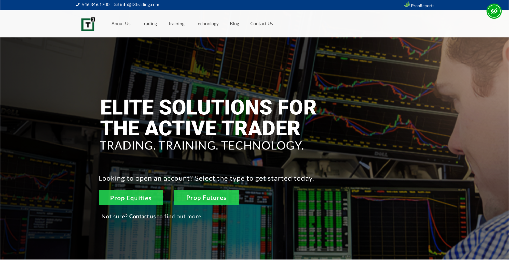 T3 Trading Group’s homepage with the hero: “Elite solutions for the active trader – Trading. Training. Technology.”
