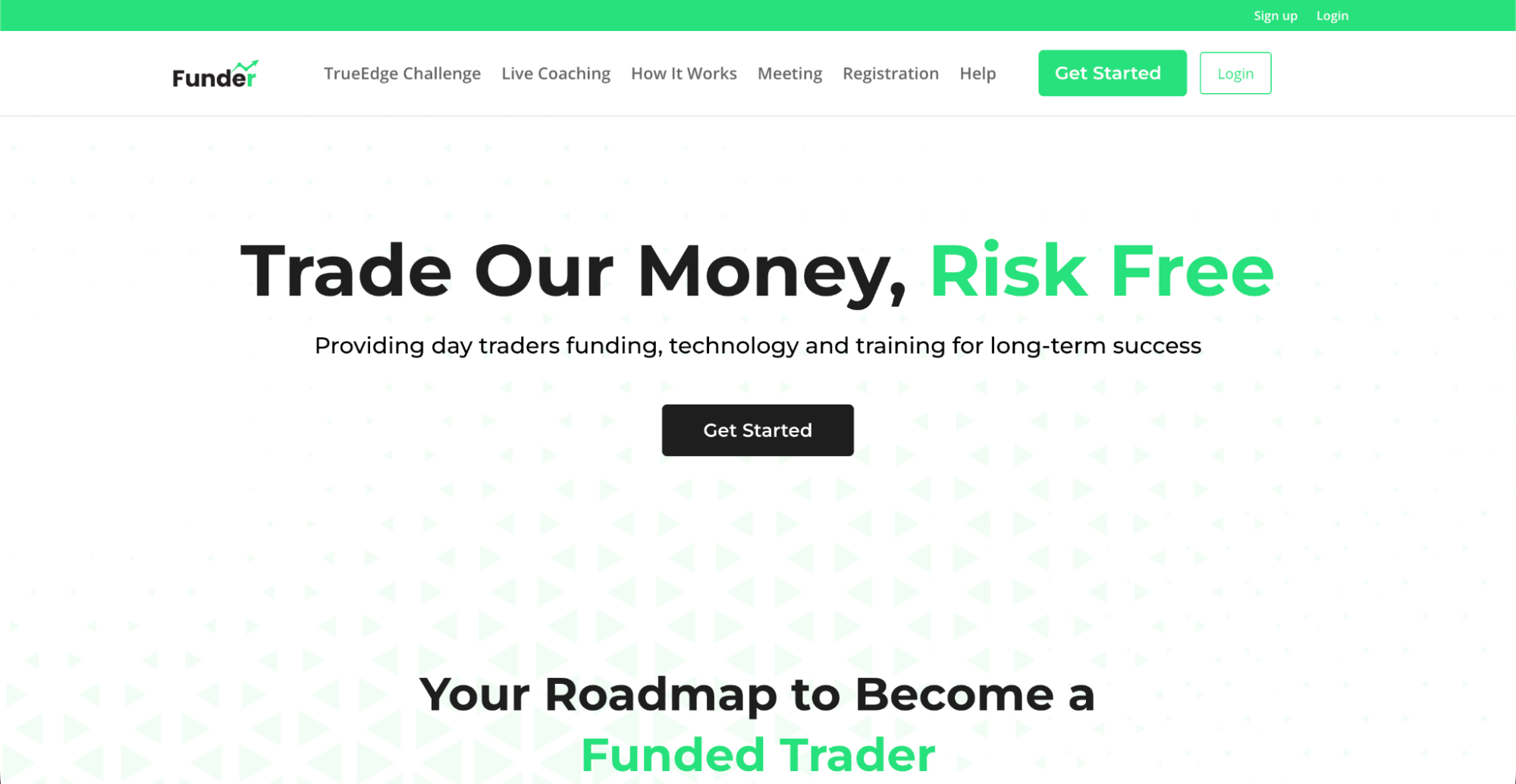 Funder Trading’s homepage with the hero: “Trade Our Money, Risk Free”.