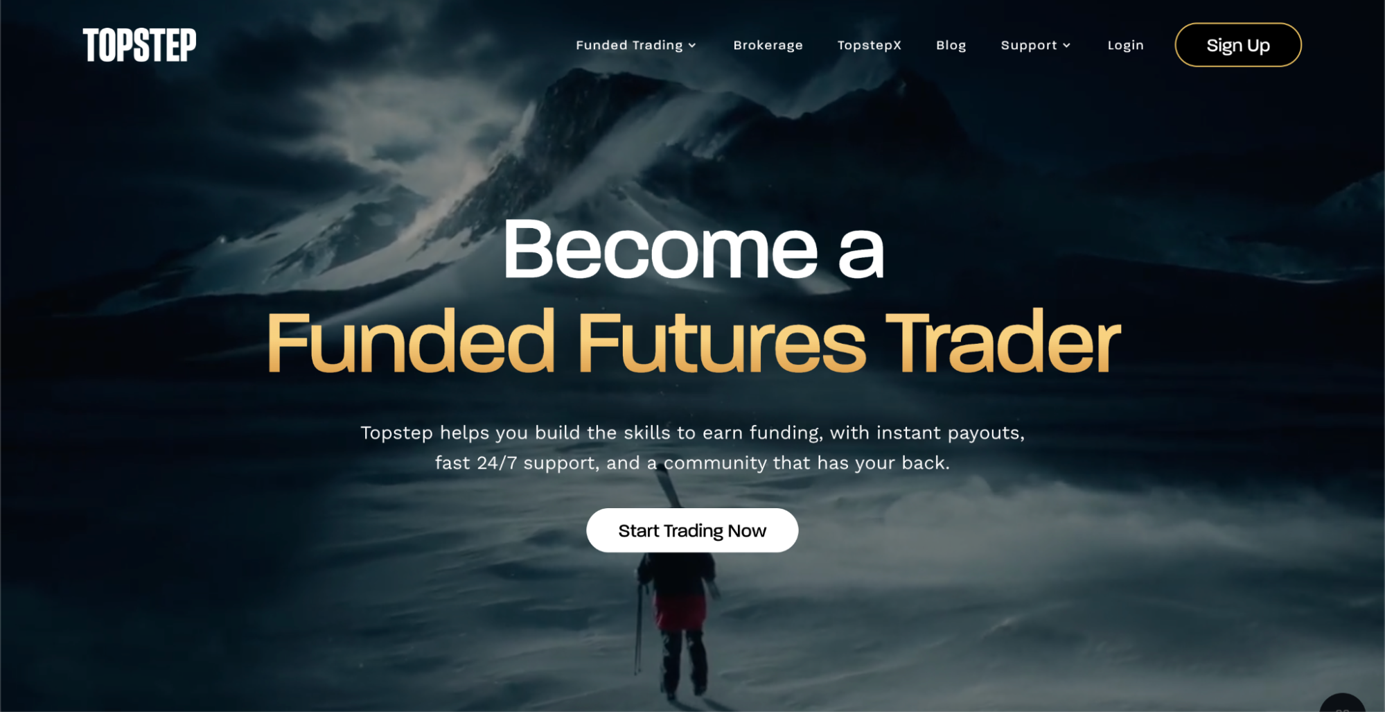 TopStep’s homepage with the hero: “Become a Funded Futures Trader”.