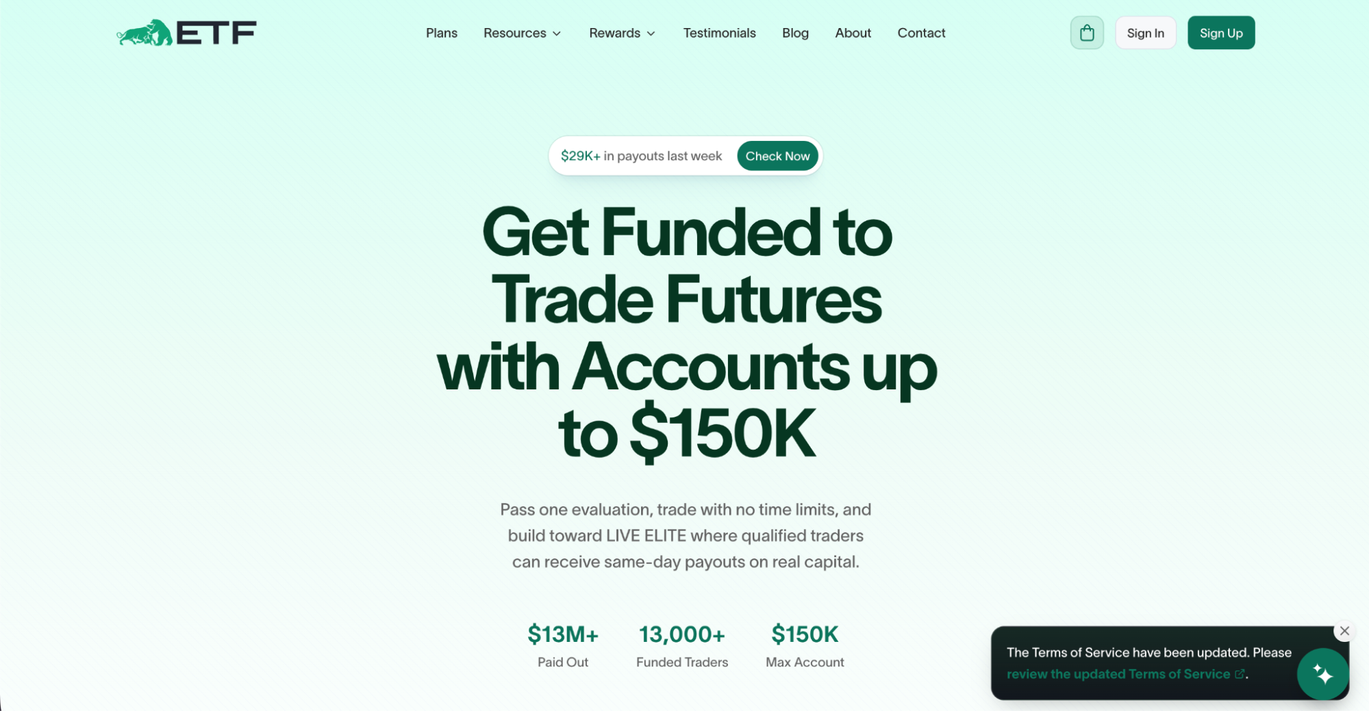 Elite Trader Funding (ETF)’s homepage with the hero: “Get Funded to Trade Futures with Accounts up to $150K”.