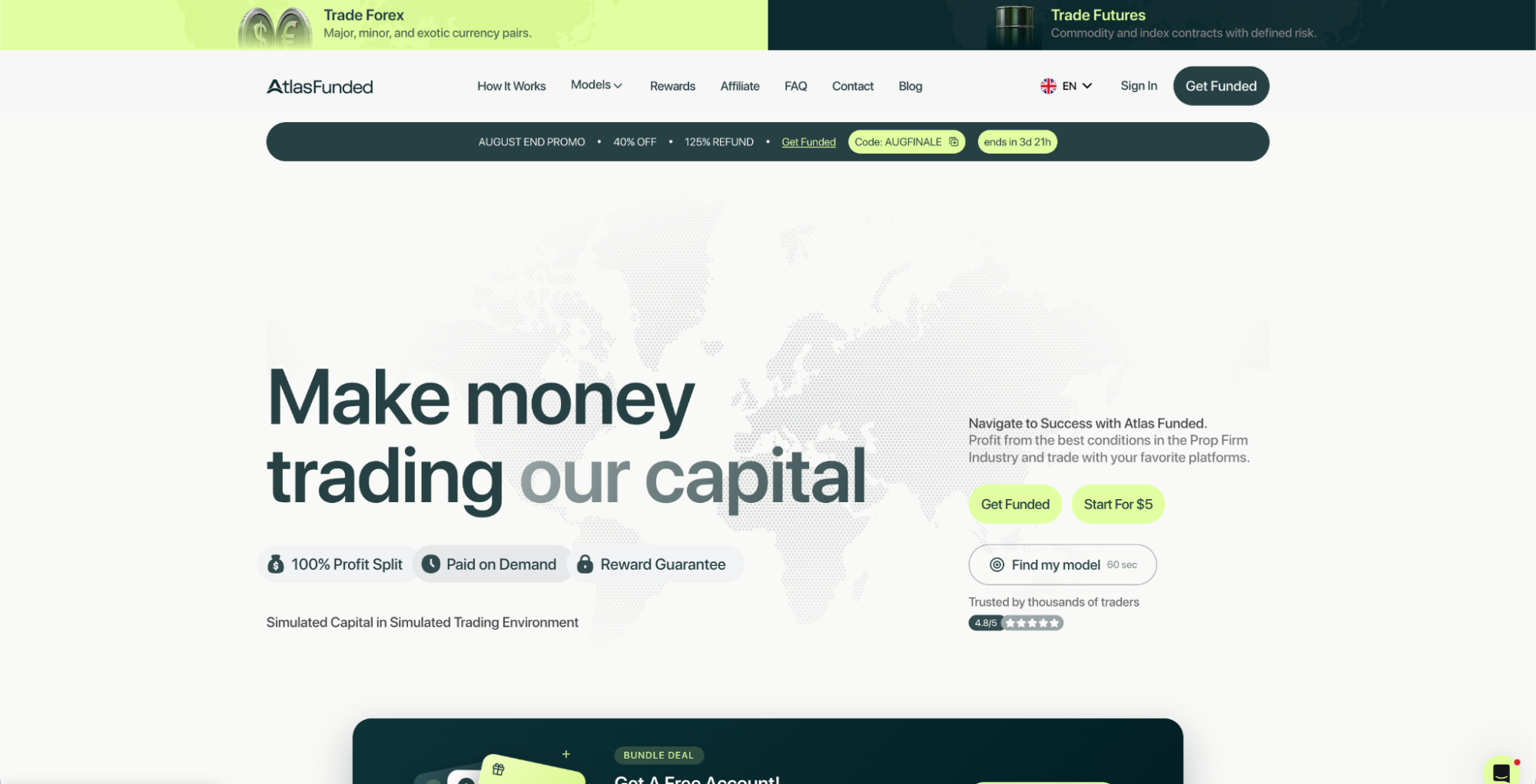 Atlas Funded’s homepage with the hero: “Make money trading our capital”.