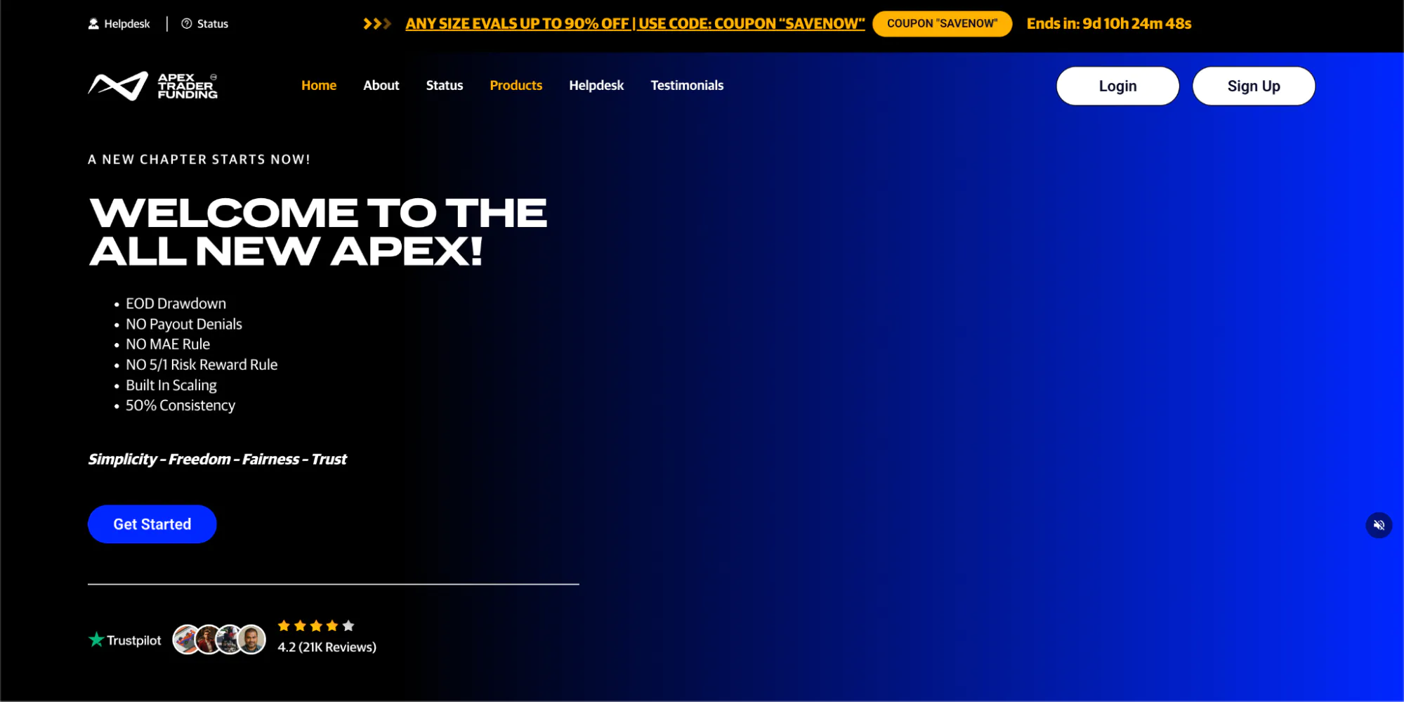 Apex Future Trading’s homepage with the hero “Welcome to the All New Apex”.