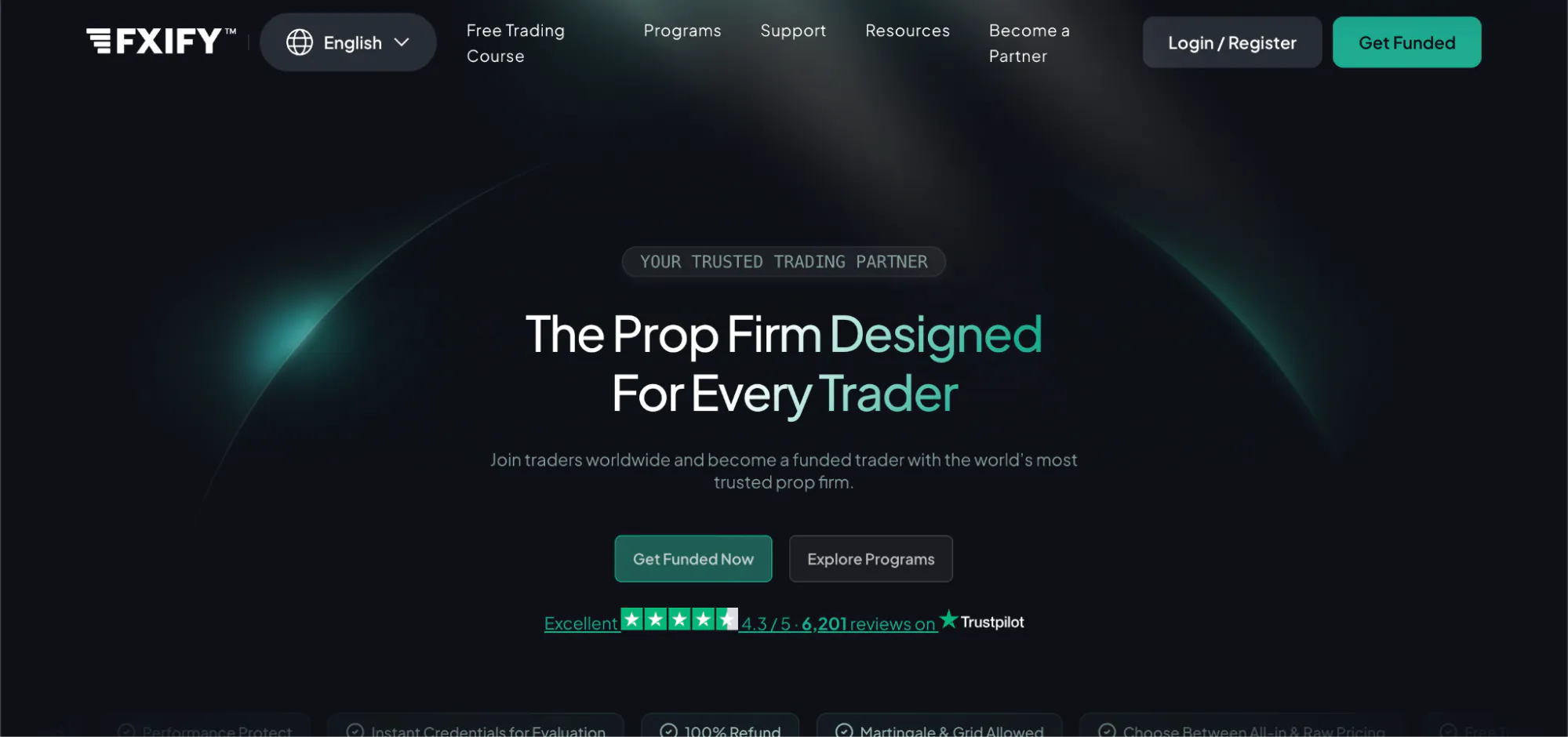 FXIFY’s homepage with the hero “The Prop Firm Designed for Every Trader”.