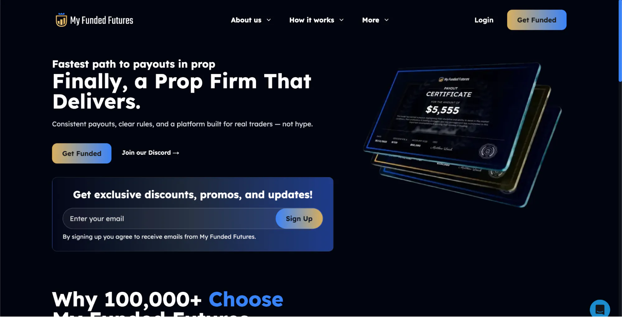 My Funded Futures’ homepage with the hero: “Fastest path to payouts in prop. Finally, a Prop Firm That Delivers.”