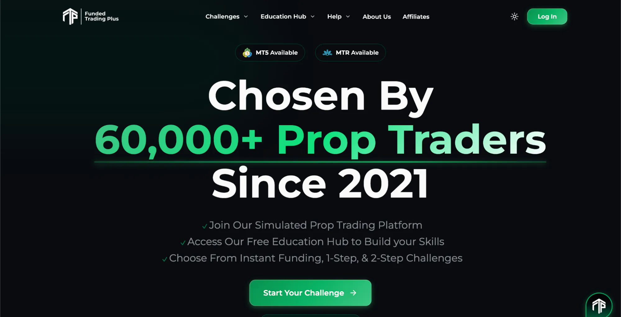 Funded Trading Plus’ homepage with the hero: “Chosen by 60,000+ Prop Traders since 2021”.