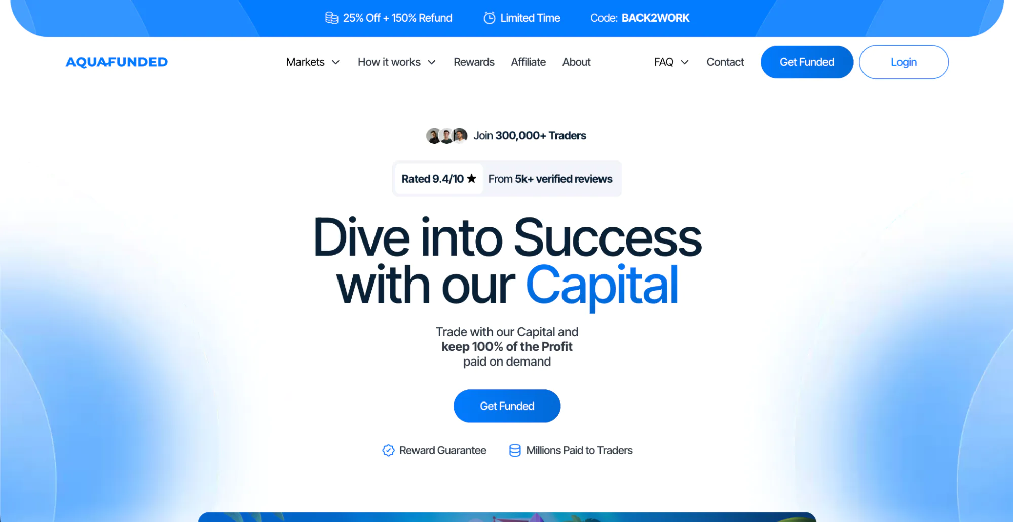 AquaFunded’s homepage with the hero “Dive into Success with our Capital”.
