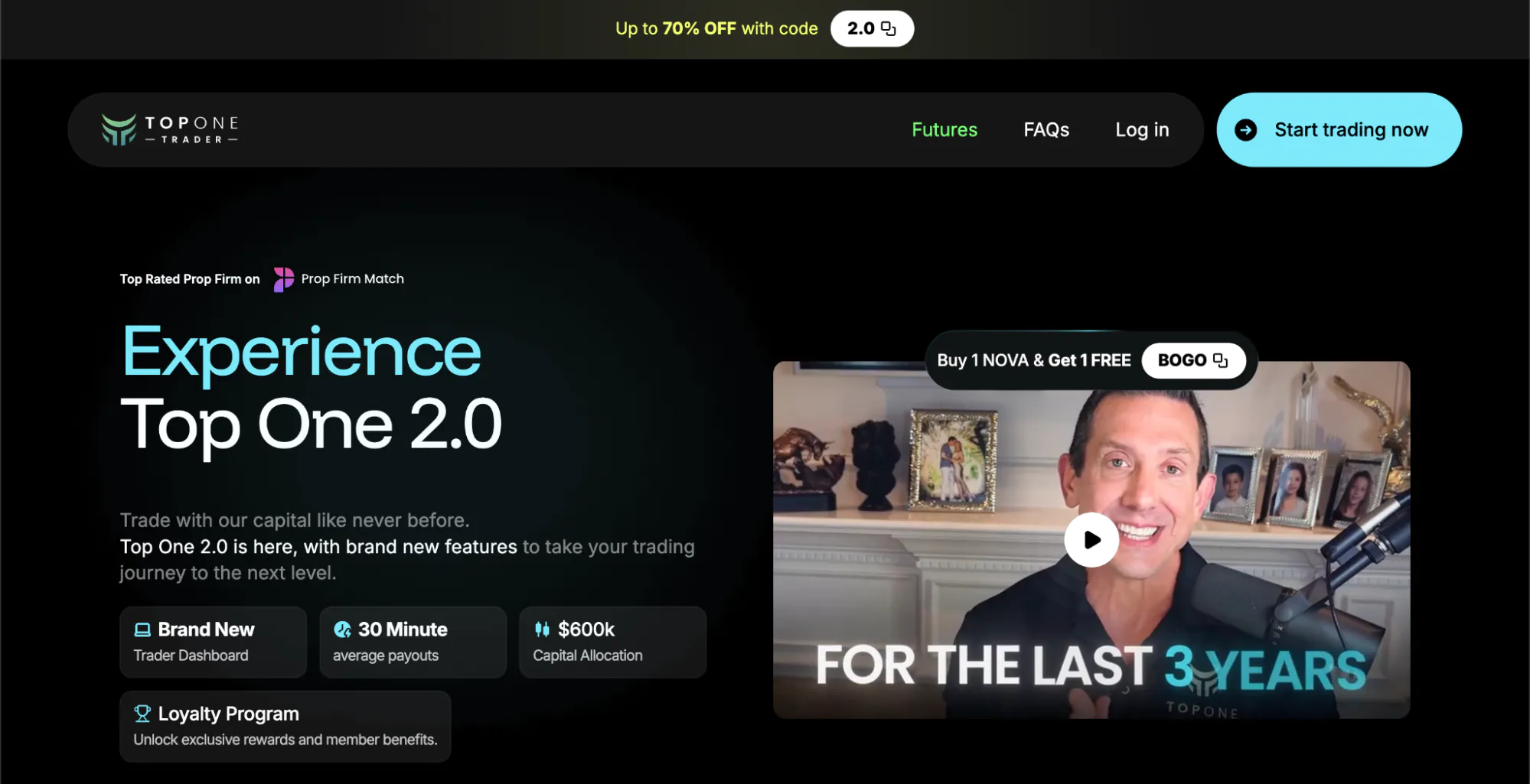 Top One Trader’s homepage with the hero: “Experience Top One 2.0”.
