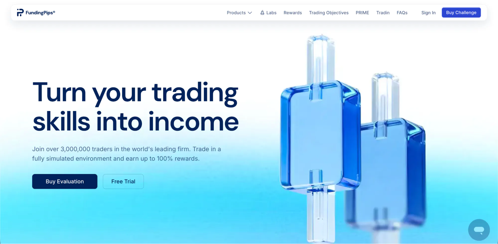FundingPips’ homepage with the hero: “Turn your trading skills into income”.