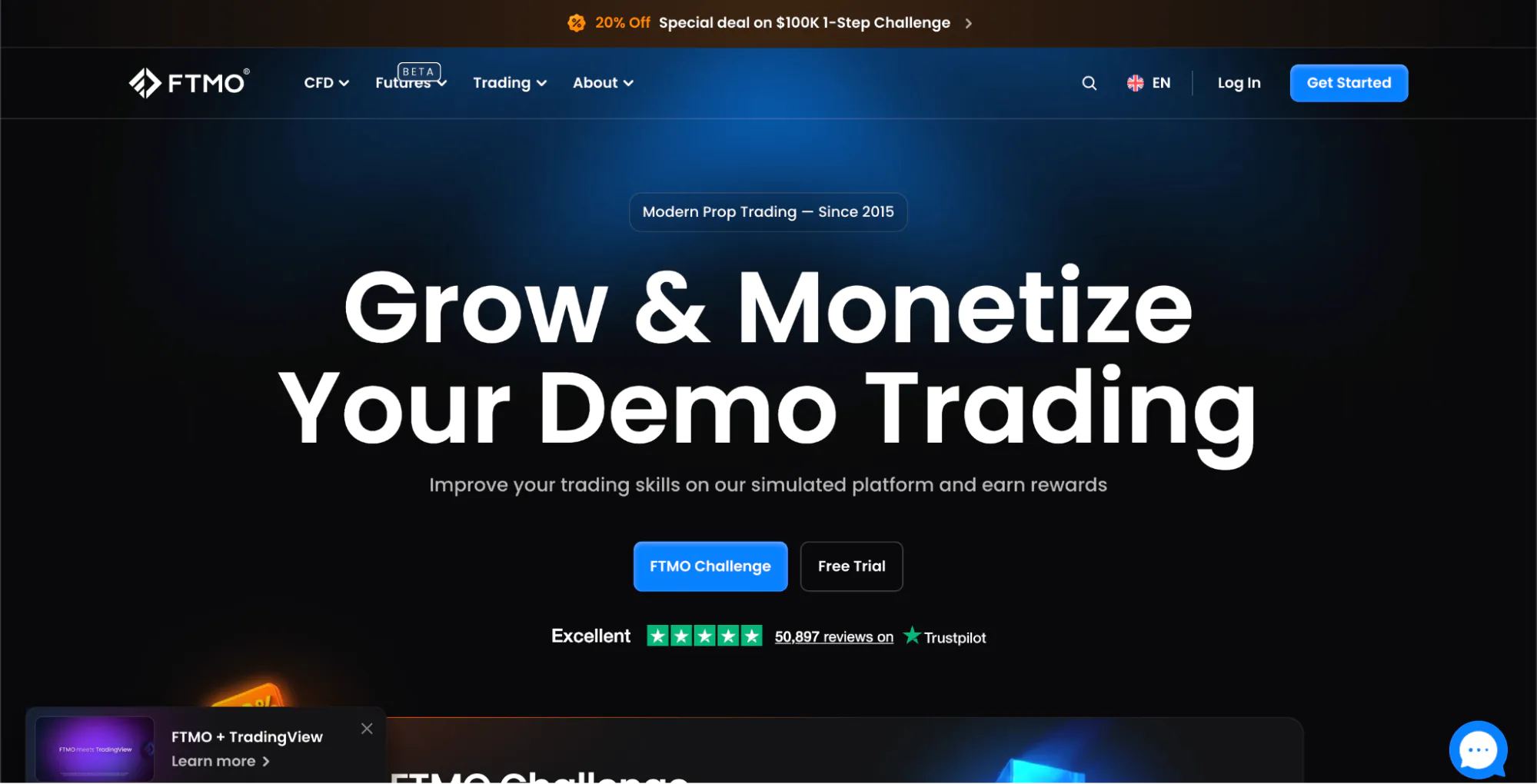 FTMO’s homepage with the hero: “Grow & Monetize Your Demo Trading”.