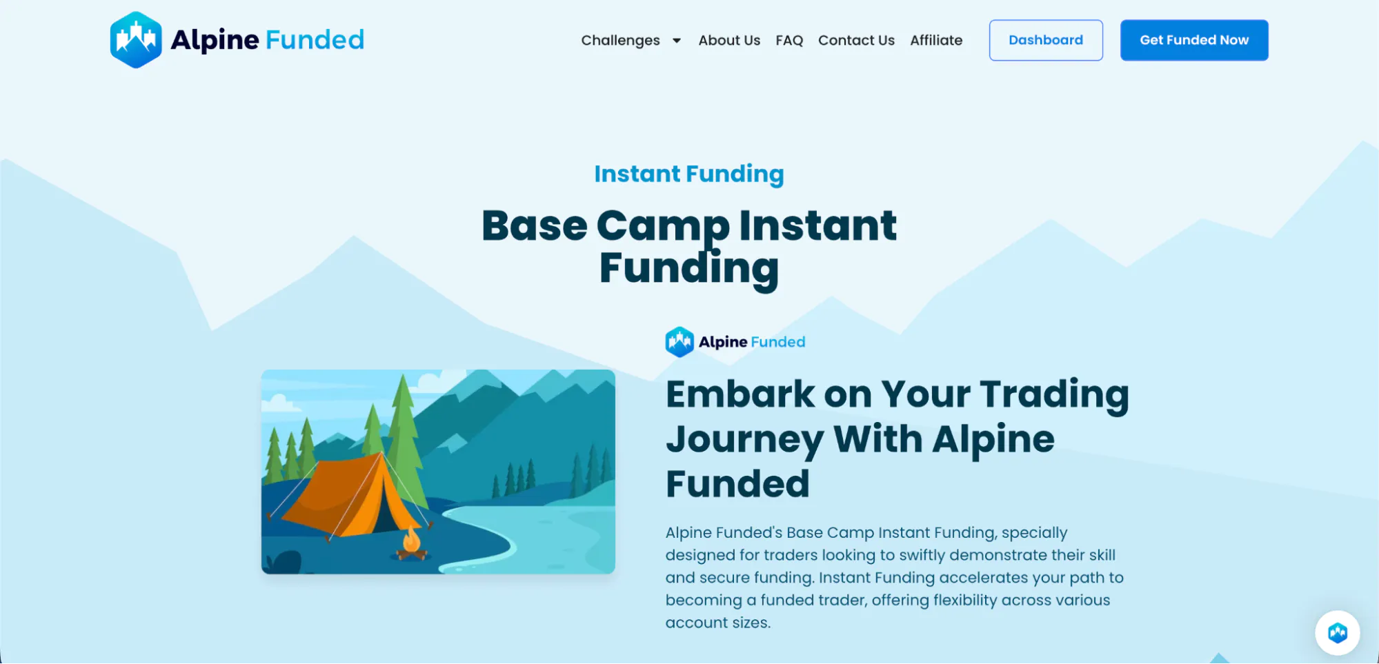 Alpine Funded Base Camp Instant Funding hero with the hero “Embark On Your Trading Journey with Alpine Funded”.