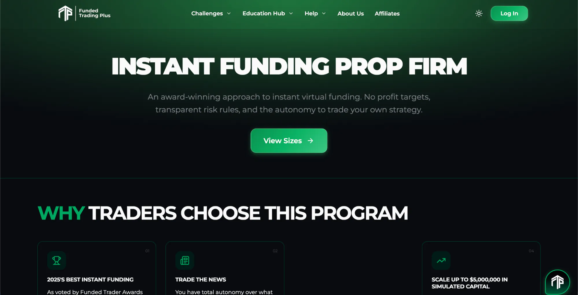 Funded Trading Plus’ service page for instant funding with the hero “Instant Funding Prop Firm”.