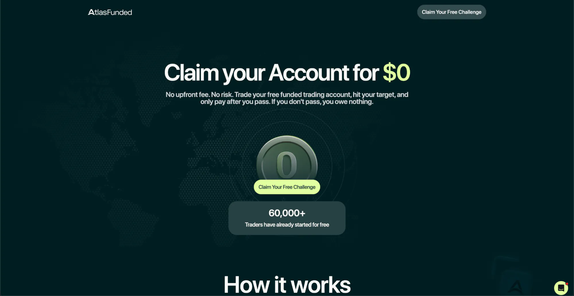  Atlas Funded homepage showing the $0 Access model with the hero “Claim your Account for $0”.
