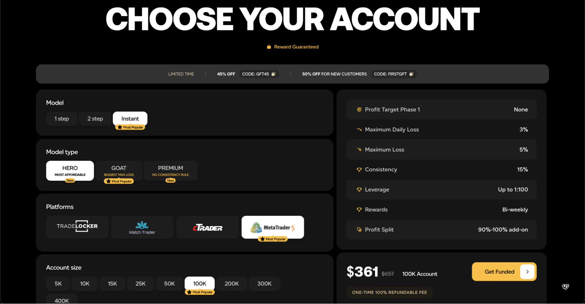 Goat Funded Trader homepage showing instrument range