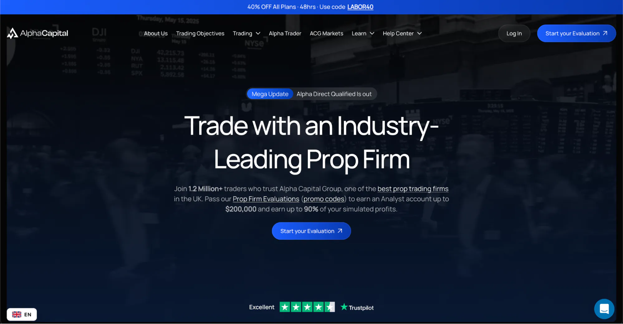 Alpha Capital Group homepage with the hero “Trade with an Industry-leading Prop Firm”.
