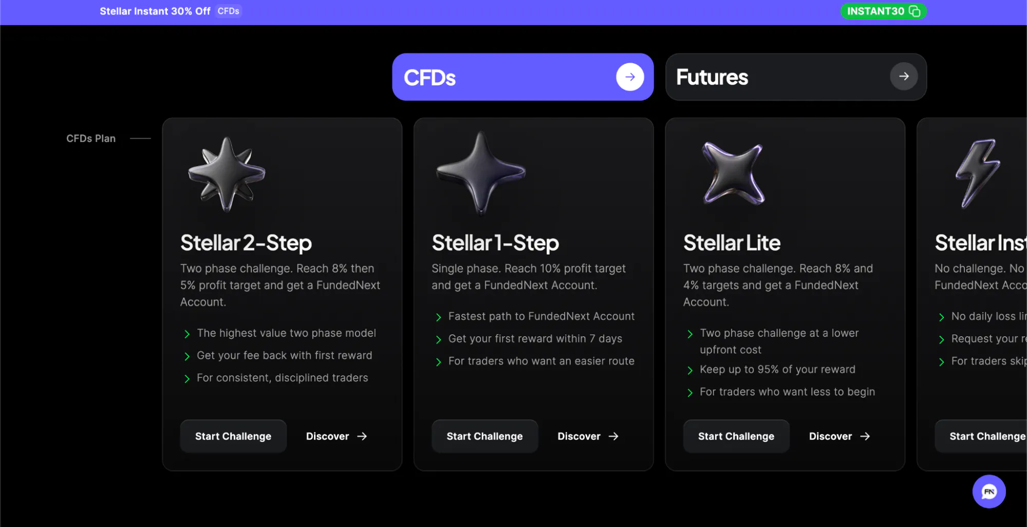 FundedNext homepage showing Stellar challenge options