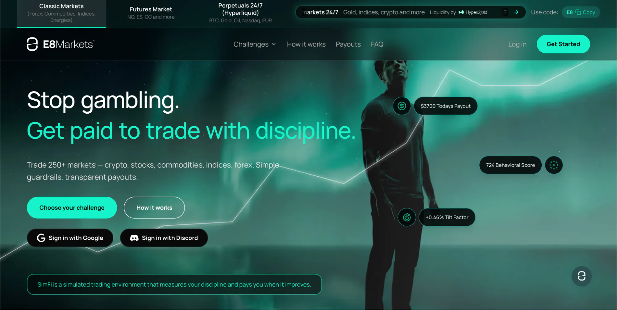 Screenshot: E8 Markets homepage with green theme showing a graph in the background along with stats.