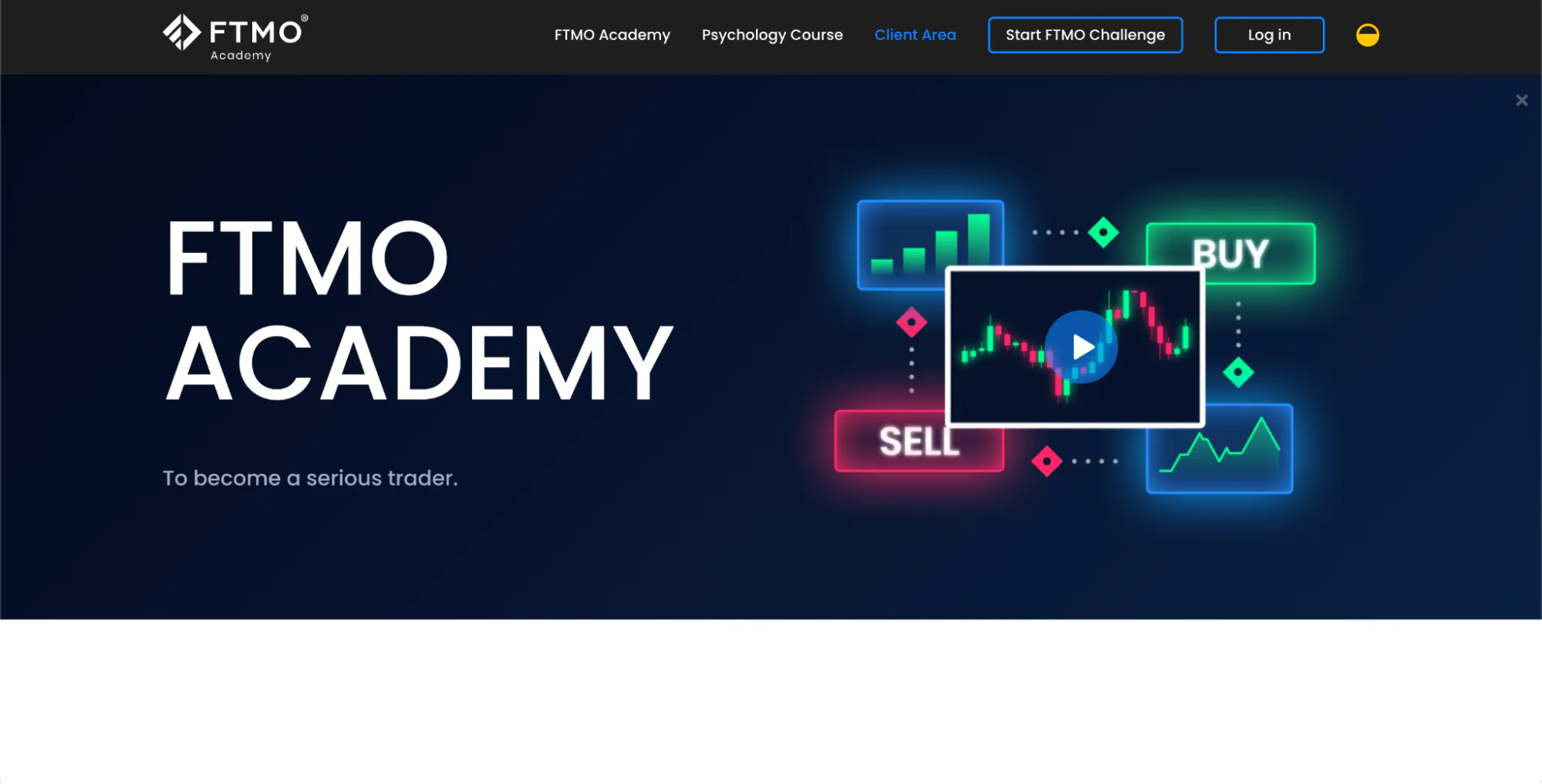 FTMO homepage showing FTMO Academy with the hero “To become a serious trader.”