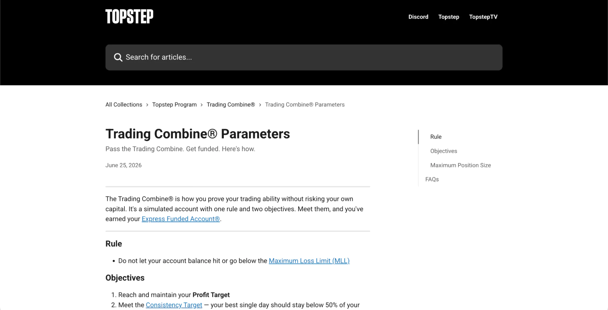 Topstep homepage showing Trading Combine