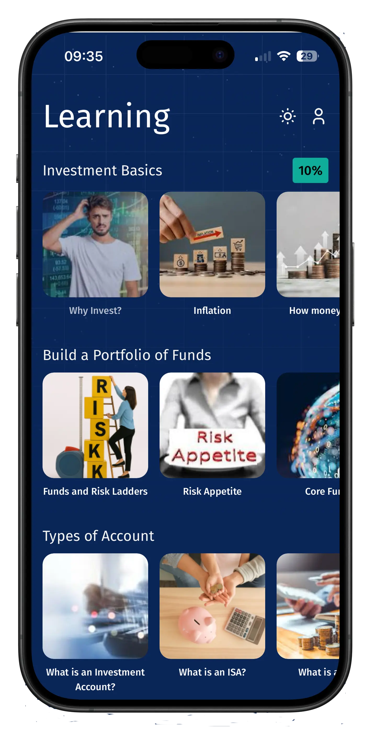Smartphone screen displaying the Thirdly app with sections on Investment Basics, Build a Portfolio of Funds, and Types of Account, each with related images and titles.