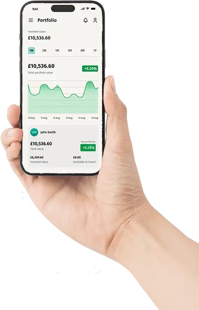 Hand holding smartphone displaying the Thirdly app with graph showing total value £10,536.60 and 5.20% increase.