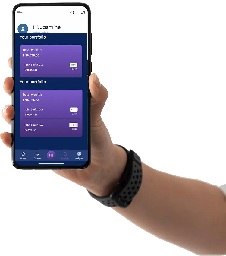 Hand holding smartphone showing the Thirdly investing app portfolio screen.