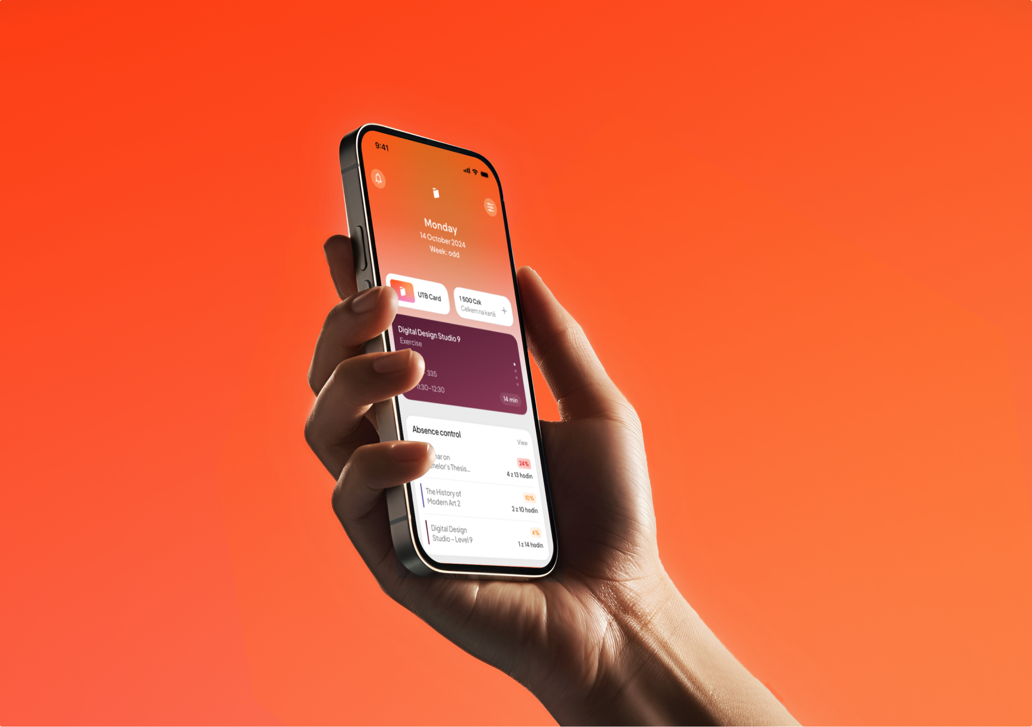 Hand holding smartphone displaying a schedule and absence control on an orange gradient background.