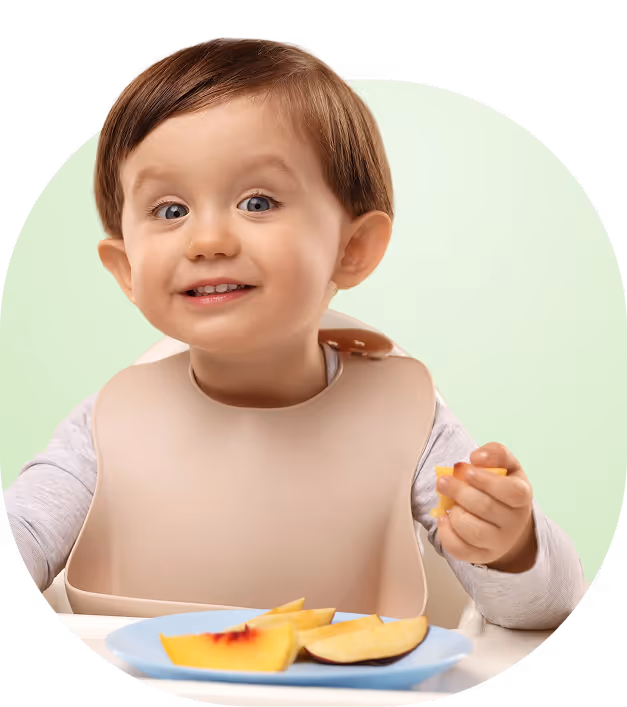 Smiling toddler wearing a bib, sitting at a table with a plate of sliced fruit, with a green background and orange sun and sparkle illustrations.