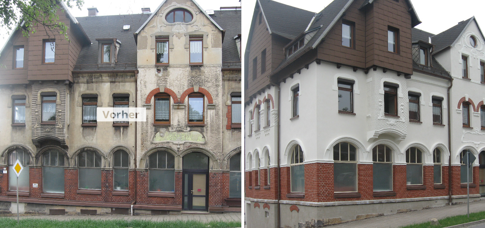 Großes Wohngebäude vor und nach der Fassadenrenovierung. Neuer, weißer Außenputz sorgt für moderne Optik.