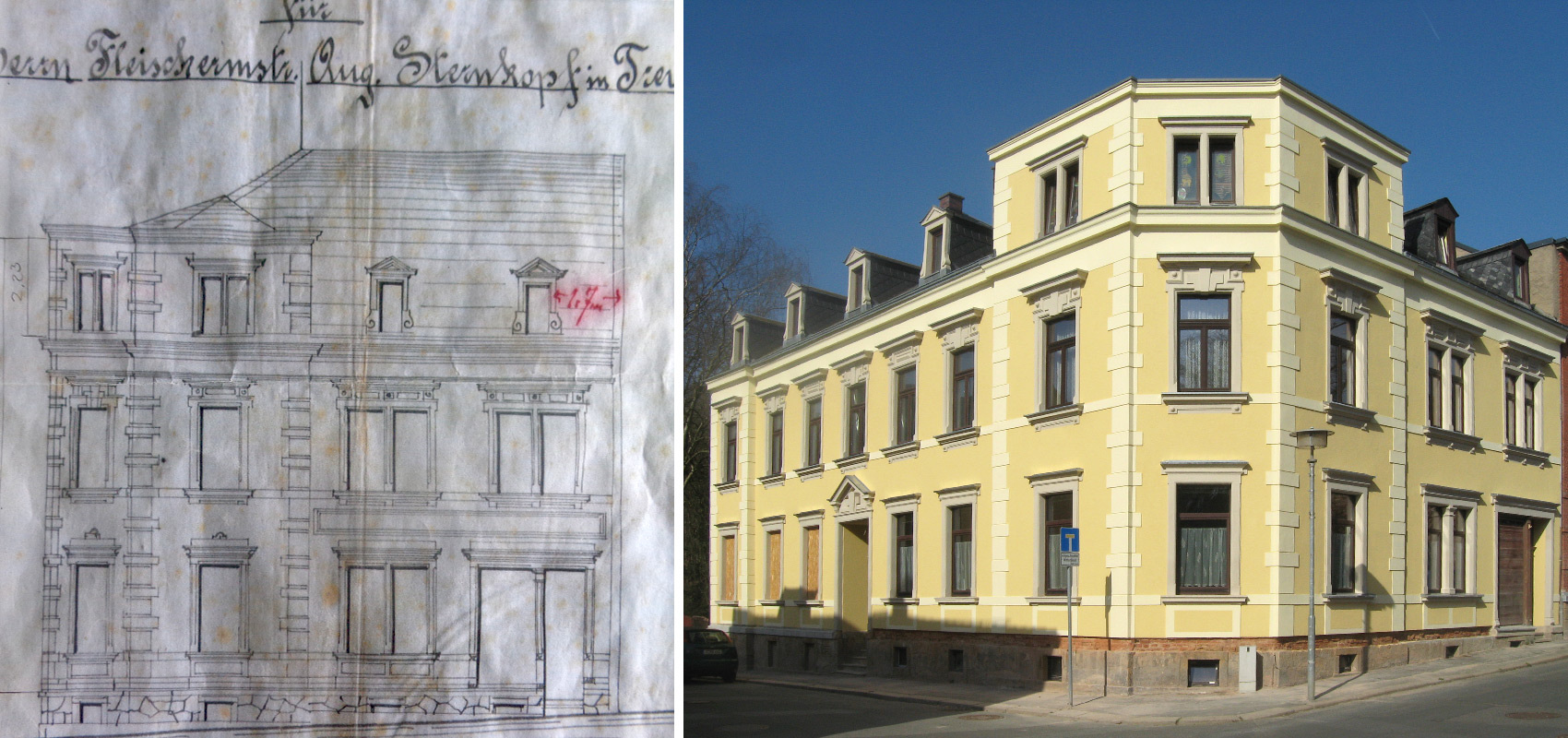 Historische Stadtvilla vor und nach der Restaurierung. Die neue gelbe Fassade lässt das Gebäude wieder strahlen.