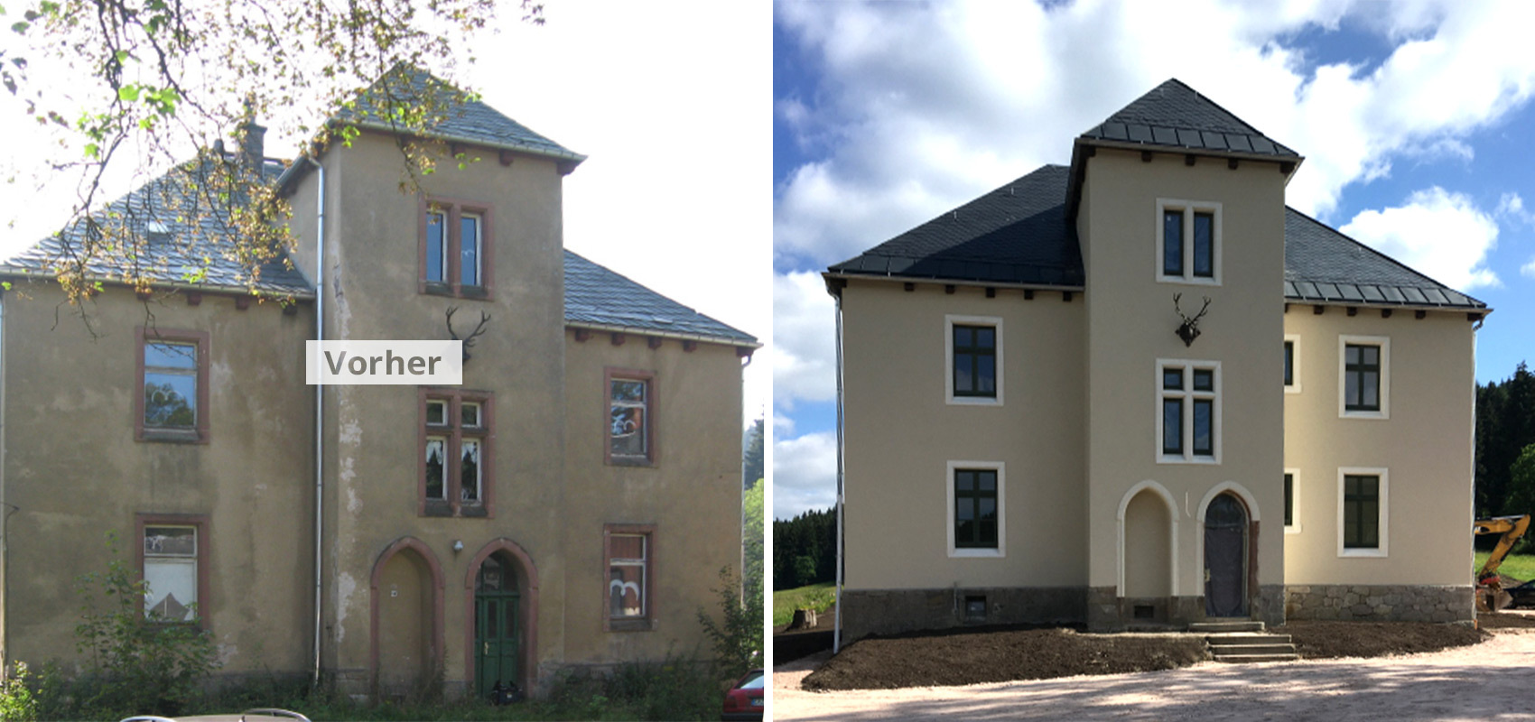 Vorher-Nachher Ansicht einer Villensanierung. Reinigung, Ausbesserung und Neubeschichtung der Außenfassade.